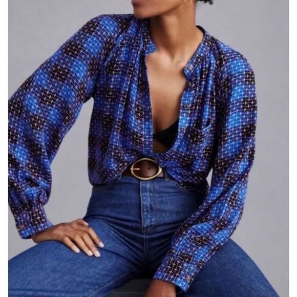 ANTHROPOLOGIE PILCRO Embroidered Plaid Button Up Size L Crew Neck Long Sleeve - Picture 8 of 9